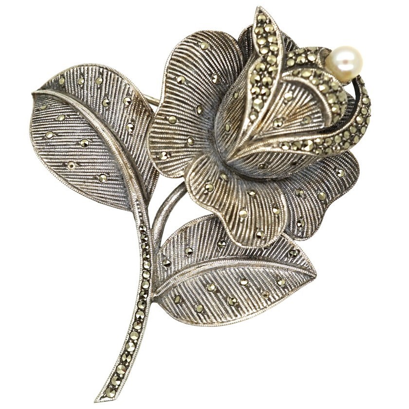 Farhner stylised silver and marcasite rose brooch